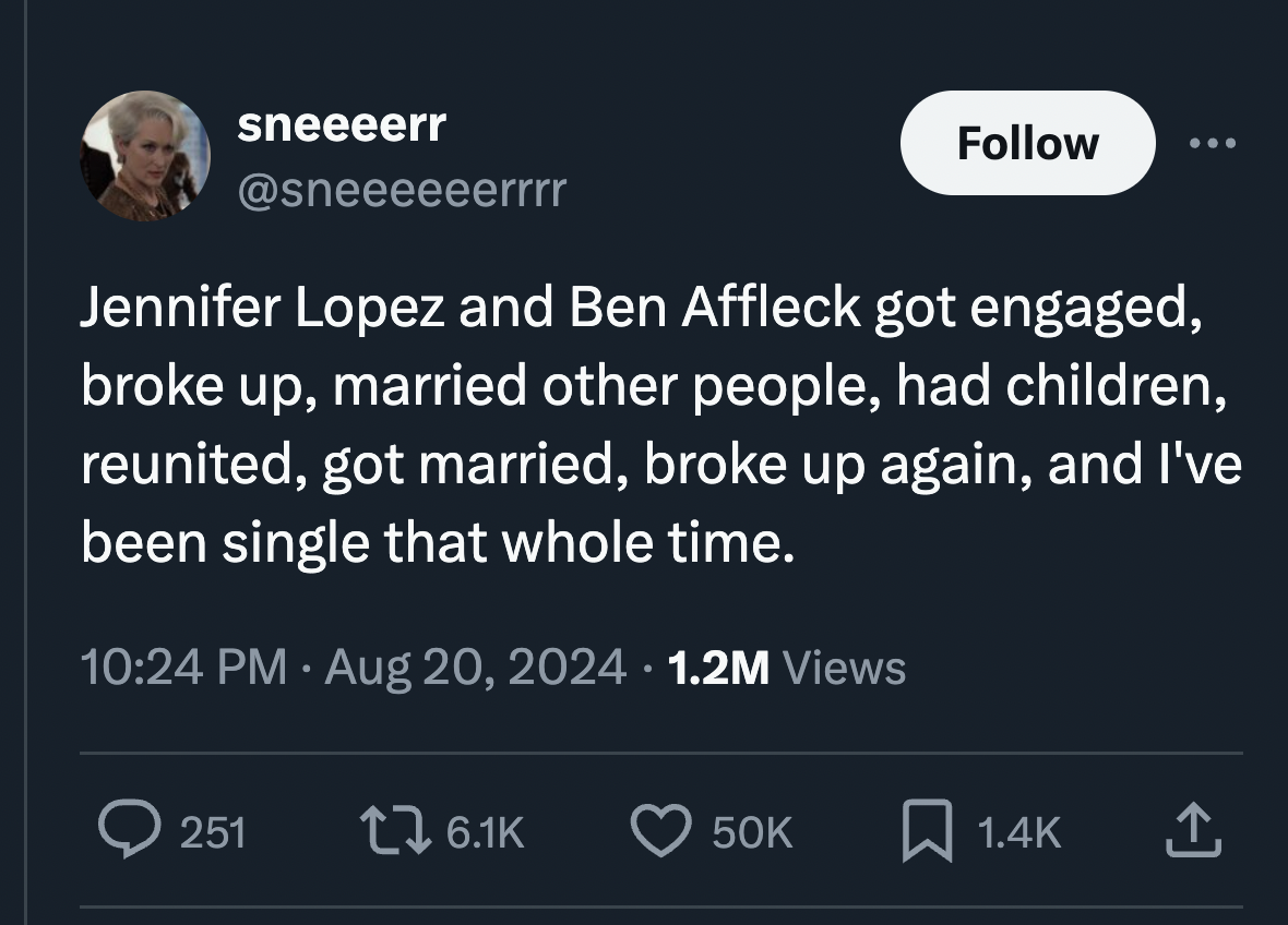 screenshot - sneeeerr Jennifer Lopez and Ben Affleck got engaged, broke up, married other people, had children, reunited, got married, broke up again, and I've been single that whole time. 1.2M Views 251 1 50K